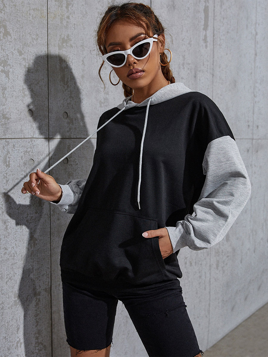 Women's Clothing Outerwear | Women Hoodie Black Long Sleeves Two Tone Pockets Polyester Stretch Irregular Hooded Sweatshirt Cozy Active Outerwear - YO44733