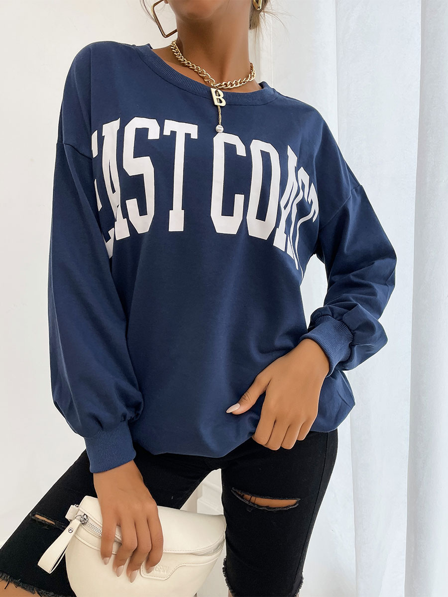 Women's Clothing Outerwear | Hoodie For Woman Royal Blue Long Sleeves Letters Print Polyester Hooded Sweatshirt Cozy Active Outerwear - ID73650