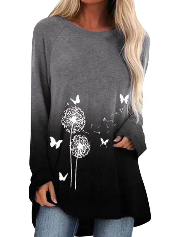 Women's Clothing Tops | Women Blouse Long Sleeves Floral Print Jewel Neck Polyester Grey T Shirt - XI23198