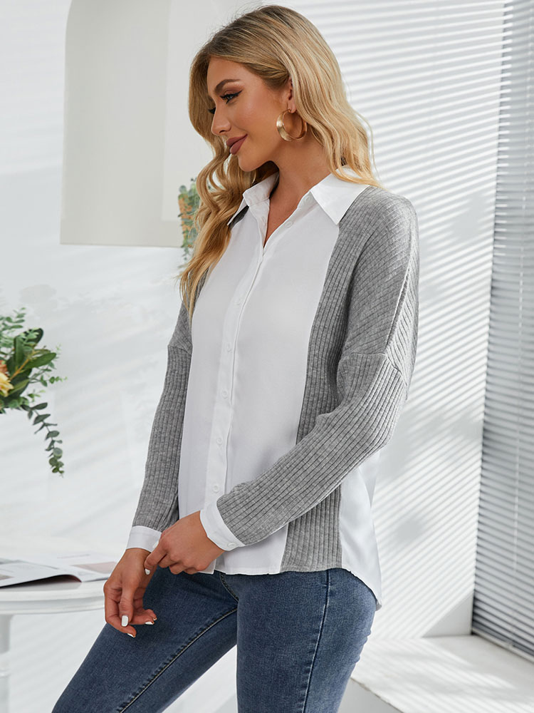 Women's Clothing Tops | Shirt For Women Grey Two Tone Buttons Turndown Collar Casual Long Sleeves Polyester Blouse - HZ39578