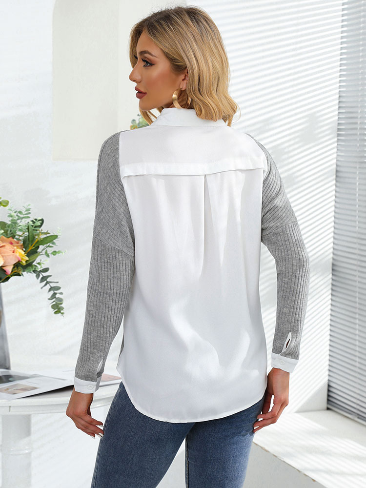 Women's Clothing Tops | Shirt For Women Grey Two Tone Buttons Turndown Collar Casual Long Sleeves Polyester Blouse - HZ39578