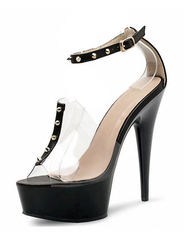 Zapatos de Fiesta | Sandalias sexis de tacón alto para mujer Tacón de aguja Transparente Cuero PU Peep Toe Tacones negros con correa en el tobillo Zapatos de baile de barra - CN32256