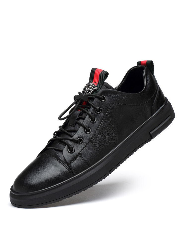 Zapatos de hombre | Zapatillas de deporte para hombre Cómodos detalles de metal de piel de vaca Zapatos planos negros con punta redonda - VL71988