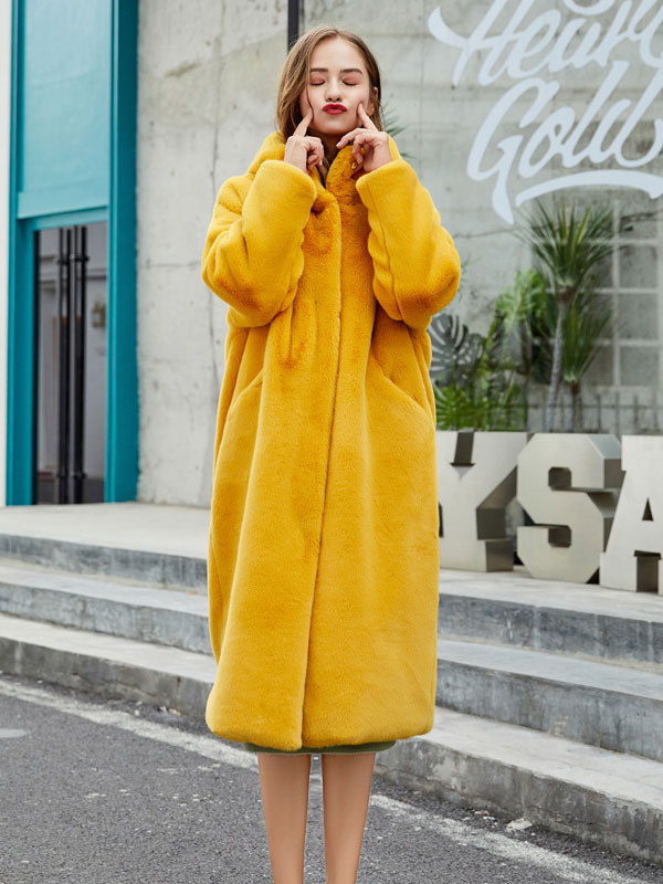 Women's Clothing Outerwear | Faux Fur Coats For Women Long Sleeves Casual Stretch Turndown Collar Orange Yellow Long Coat - JK12417