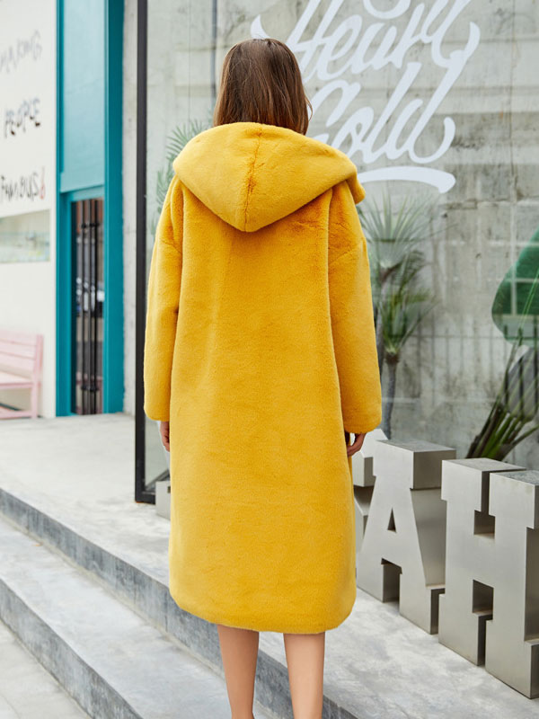 Women's Clothing Outerwear | Faux Fur Coats For Women Long Sleeves Casual Stretch Turndown Collar Orange Yellow Long Coat - JK12417