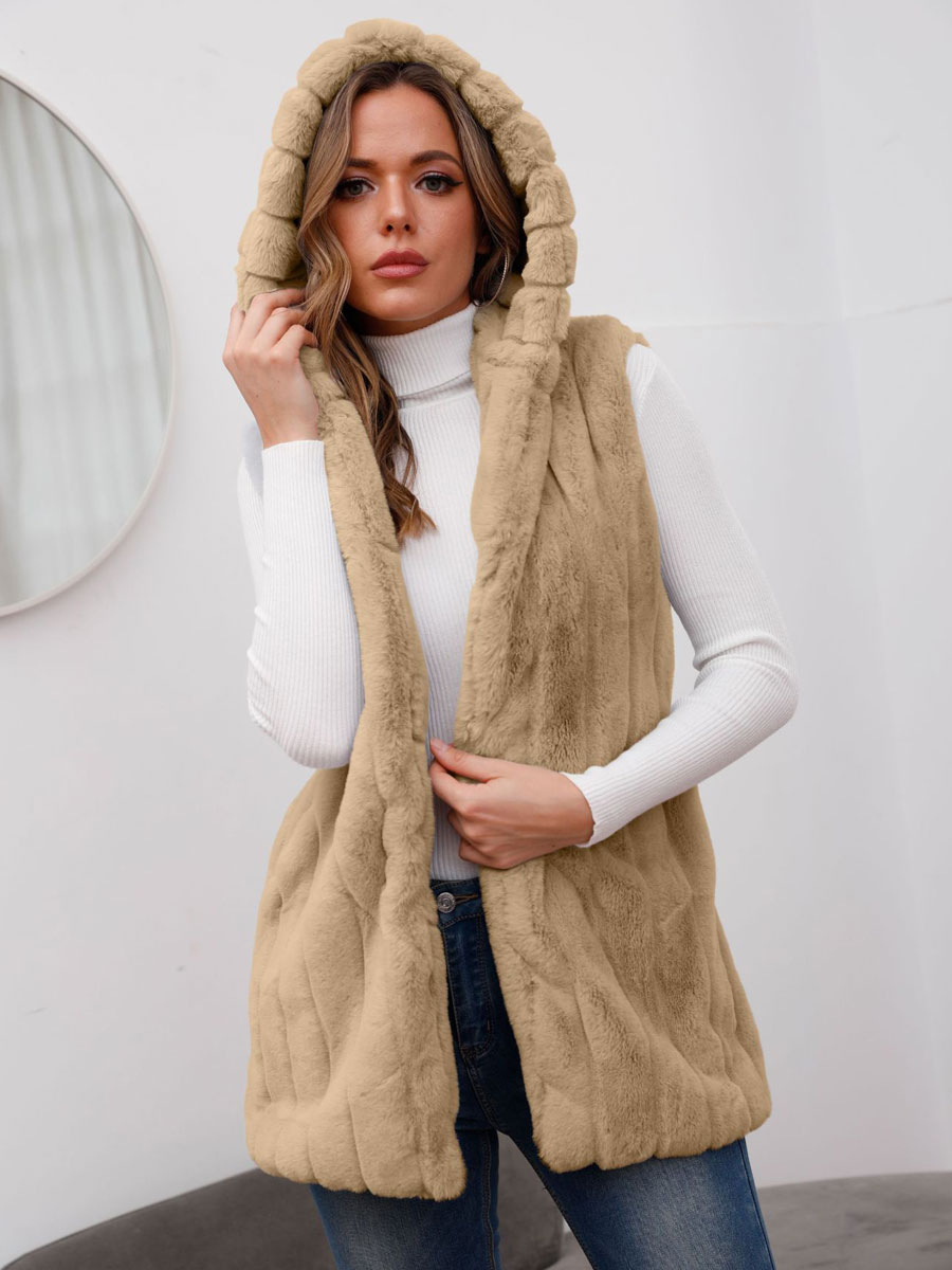 Women's Clothing Outerwear | Faux Fur Coats For Women Sleeveless Casual Oversized Hooded Light Gray Winter Coat - YL50582
