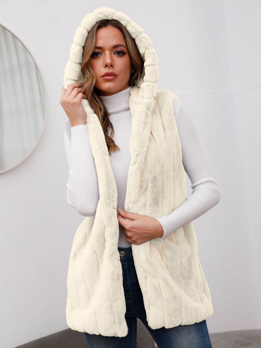 Women's Clothing Outerwear | Faux Fur Coats For Women Sleeveless Casual Oversized Hooded Light Gray Winter Coat - YL50582