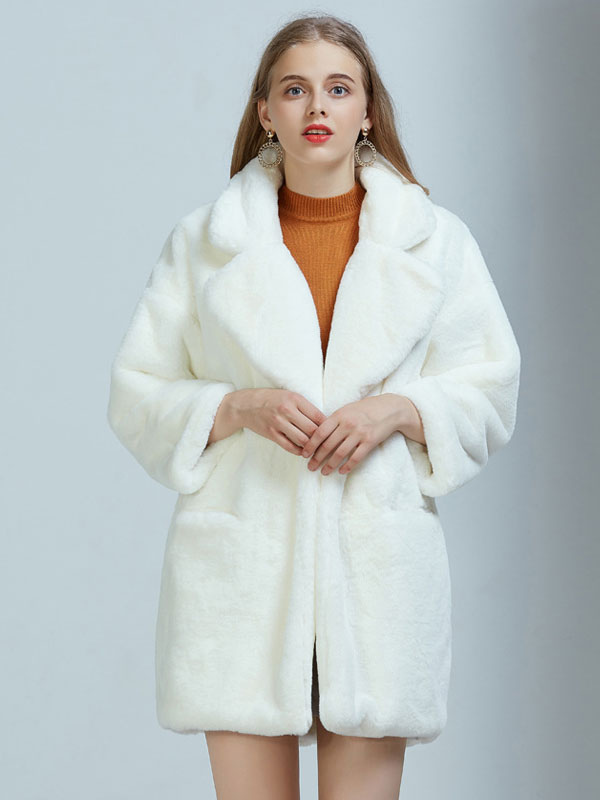 Women's Clothing Outerwear | Faux Fur Coats For Women Long Sleeves Casual Oversized Turndown Collar White Winter Coat - BK91436