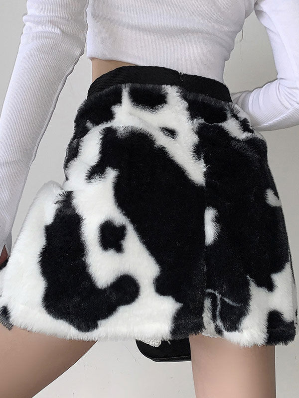 Women's Clothing Women's Bottoms | Mini Skirt For Women Black Cow Printed Polyester Short Natural Waist Stretch Bottoms - DH8435