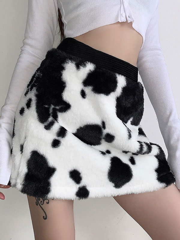 Women's Clothing Women's Bottoms | Mini Skirt For Women Black Cow Printed Polyester Short Natural Waist Stretch Bottoms - DH8435