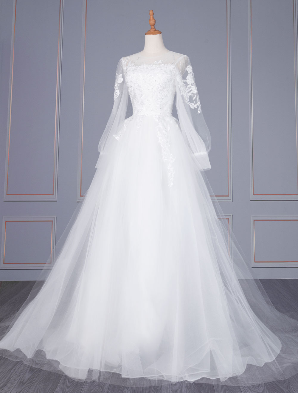 Boda Vestidos de novia | Vestido de novia blanco simple Cuello joya Mangas largas Encaje Tul Vestidos de novia largos de una línea - VM12305
