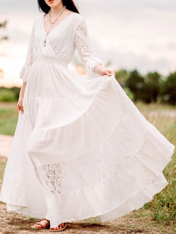Mariage Robes de mariée | Robe de mariée bohème robe de mariage col V manche longue en dnetelle - TE17502