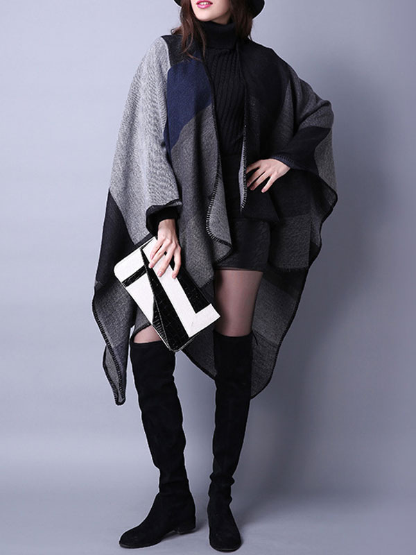Women's Clothing Outerwear | Women Poncho Color Block Black Poncho Irregular Warmth-Preservation Oversized Piping Cape - AX77992