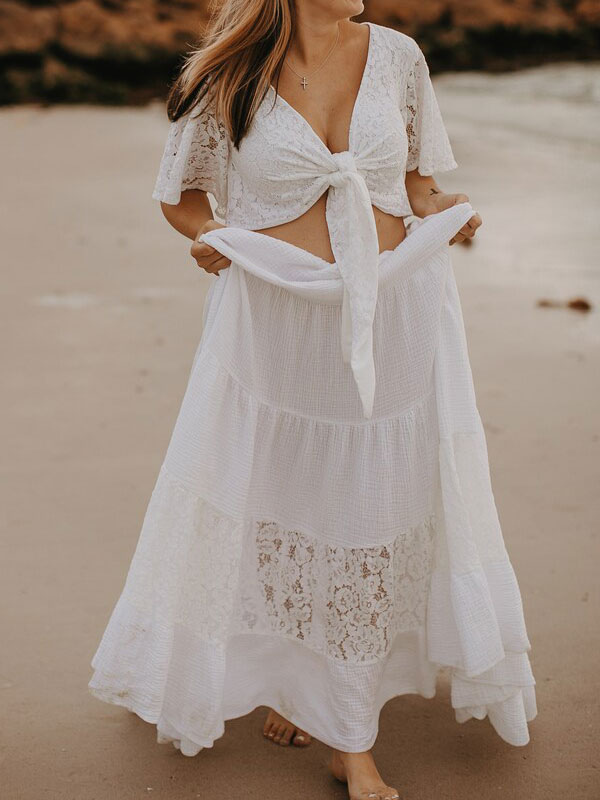 Boda Vestidos de novia | Vestido de novia blanco de Bohu con cuello en V, manga corta, cintura natural, encaje, una línea, hasta el suelo, vestidos de novia nupciales - FG67055