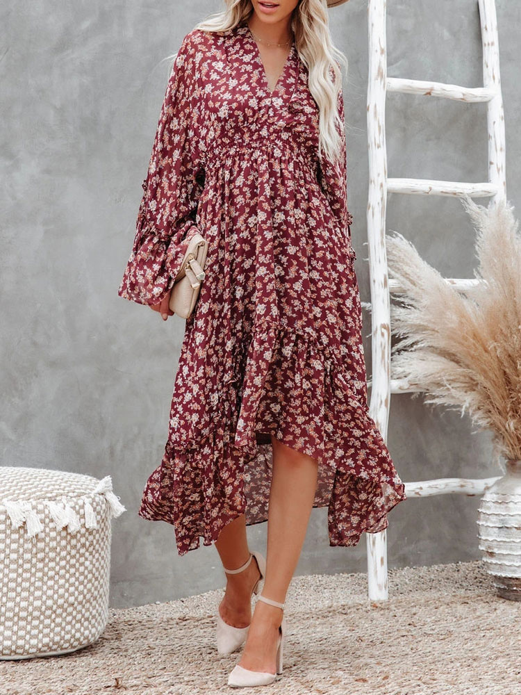 Women's Clothing Dresses | Maxi Dress V-Neck Long Sleeves Polyester Floral Printed Burgundy Long Dress - GP97078