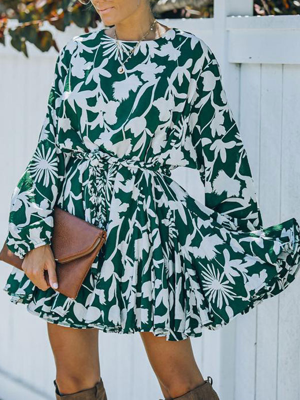 Women's Clothing Dresses | Skater Dresses Floral Printed Polyester Jewel Neck Casual Long Sleeves Green Fit And Flare Dress - OF50300