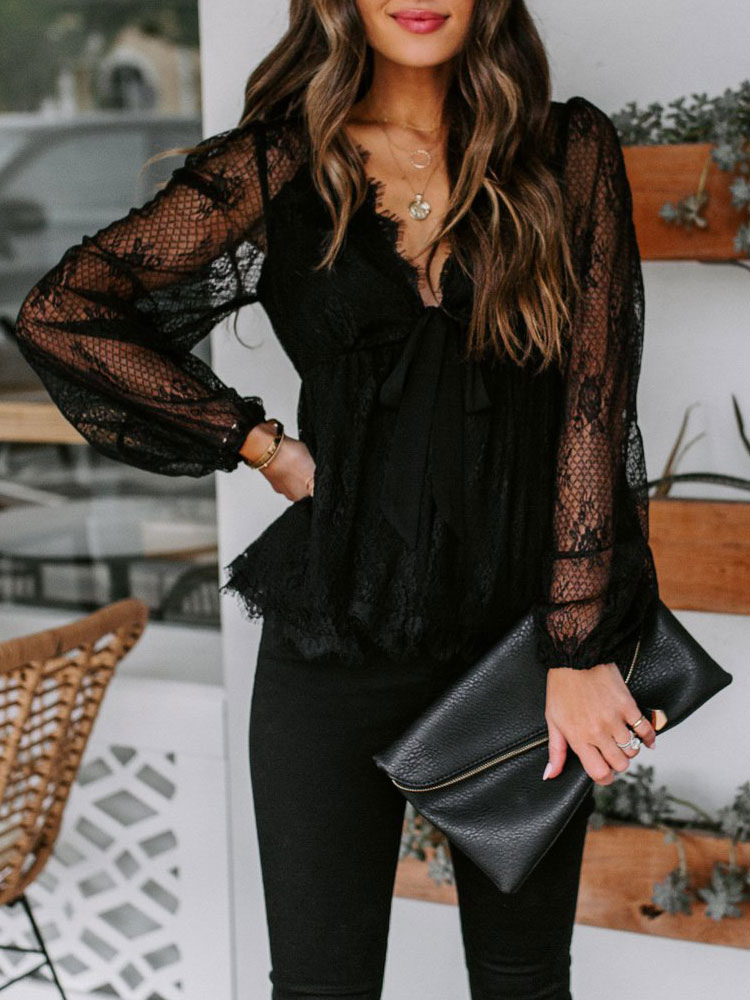 Moda Mujer Tops | Camisa para mujer Blusa negra de encaje con cuello en V y manga larga sexy - KS25301