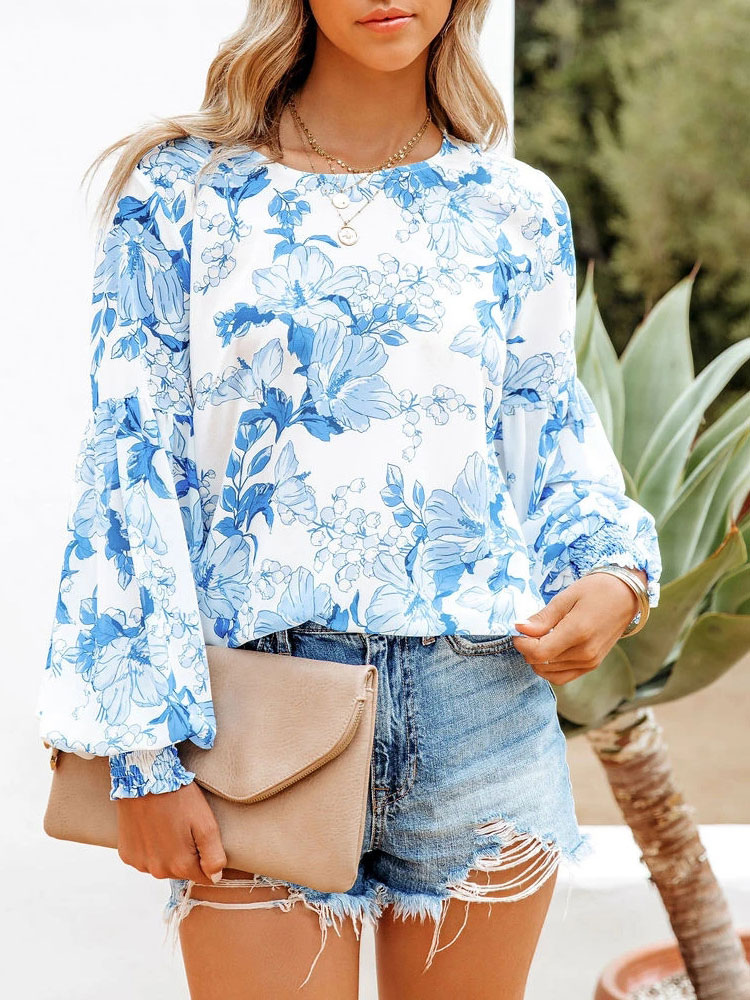 Women's Clothing Tops | Blouse For Women Blue Polyester Jewel Neck Academic Floral Printed Long Sleeves Blue T Shirt - PD67032