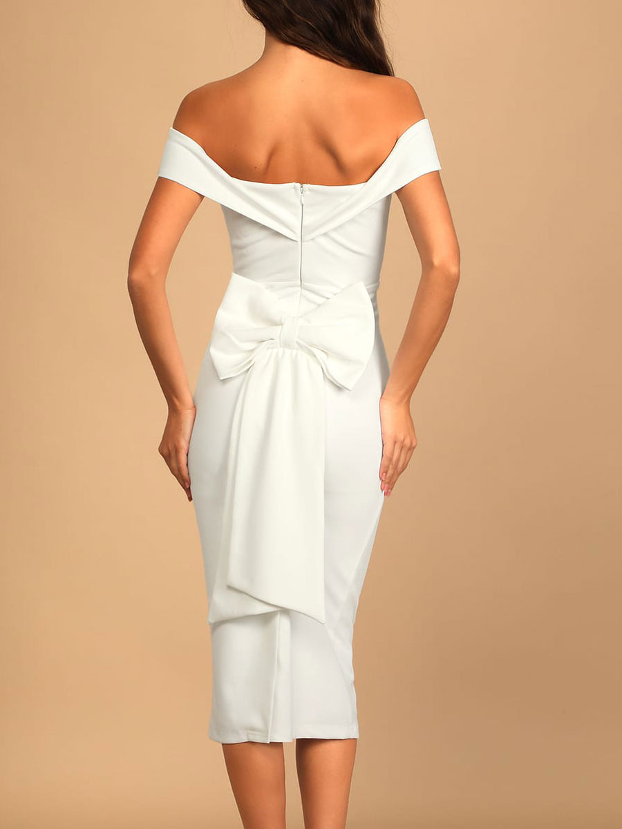 Weißes Verlobungskleid Schulterfrei Ärmellos Natürliche Taille Rückenfreier  Reißverschluss Polyester Tee Länge Verlobungskleid - Milanoo.com