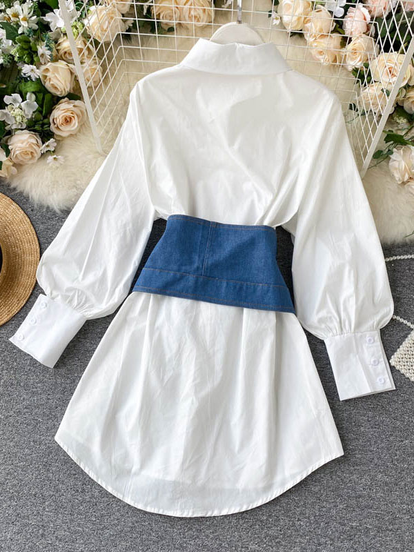 Women's Clothing Dresses | Shirt Dresses For Women White Turndown Collar Long Sleeves Polyester Midi Dress - DN10389