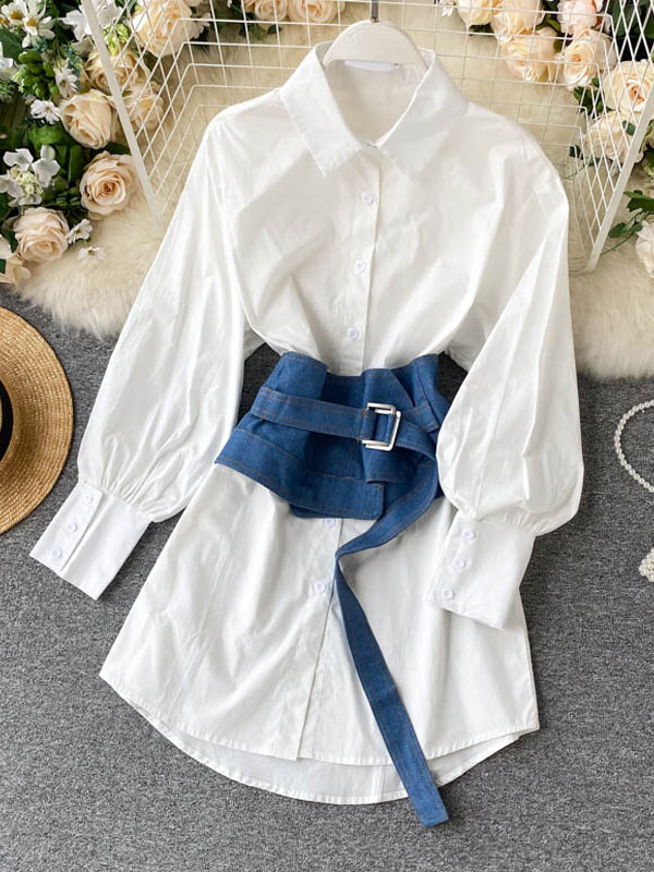 Women's Clothing Dresses | Shirt Dresses For Women White Turndown Collar Long Sleeves Polyester Midi Dress - DN10389