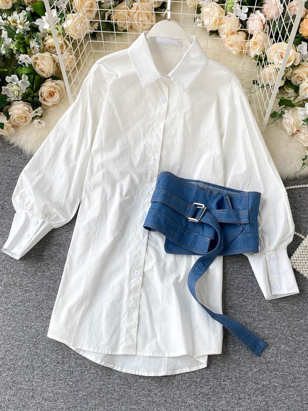 Women's Clothing Dresses | Shirt Dresses For Women White Turndown Collar Long Sleeves Polyester Midi Dress - DN10389