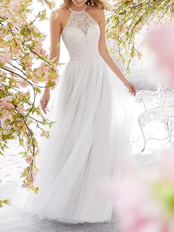 Women's Clothing Dresses | White Maxi Dress For Women Jewel Neck Sleeveless Polyester Long Dress - IA12431