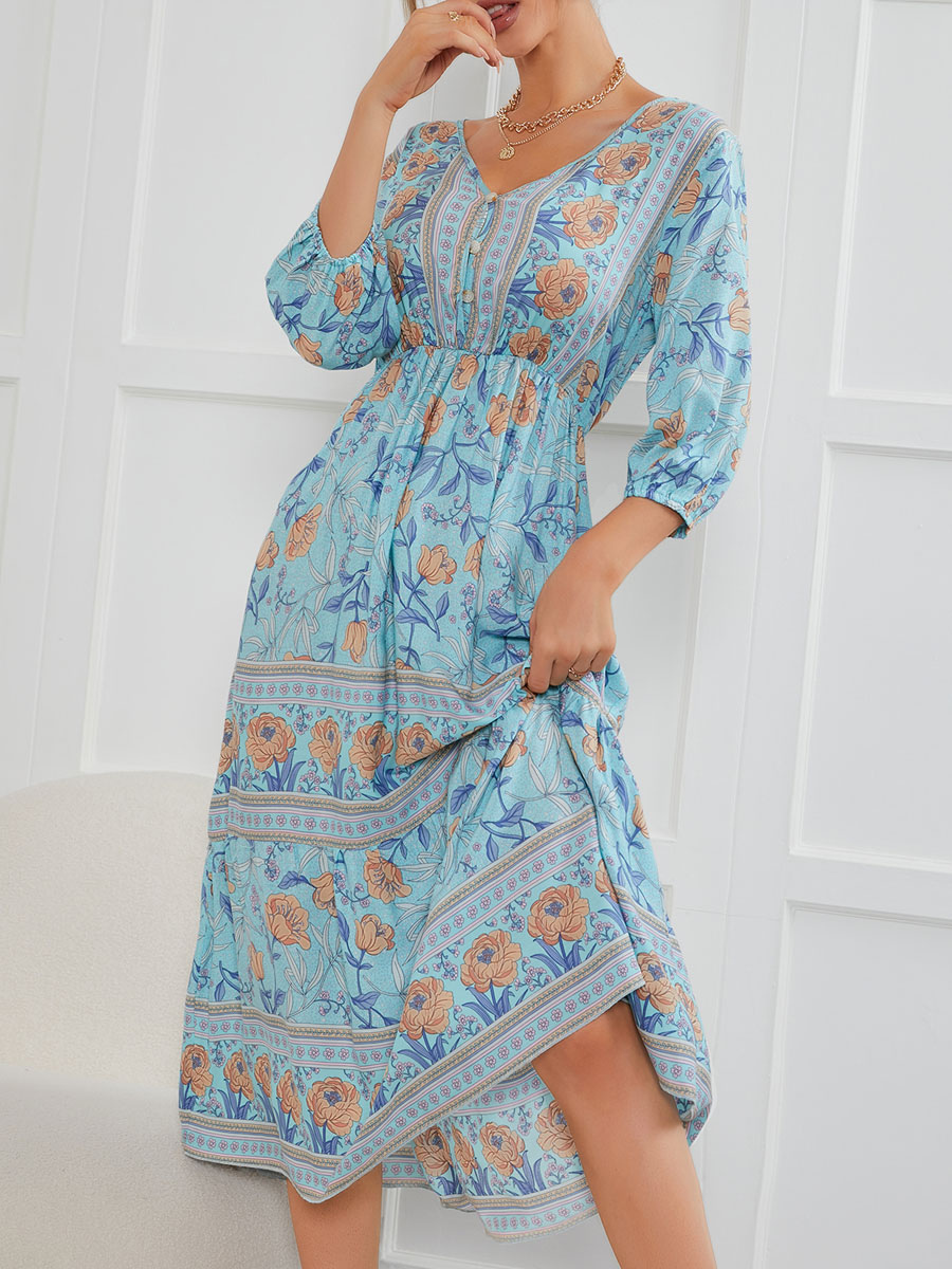 Women's Clothing Dresses | Maxi Dress V Neck 3/4 Length Sleeves Polyester Floral Printed Long Dress - RI97118