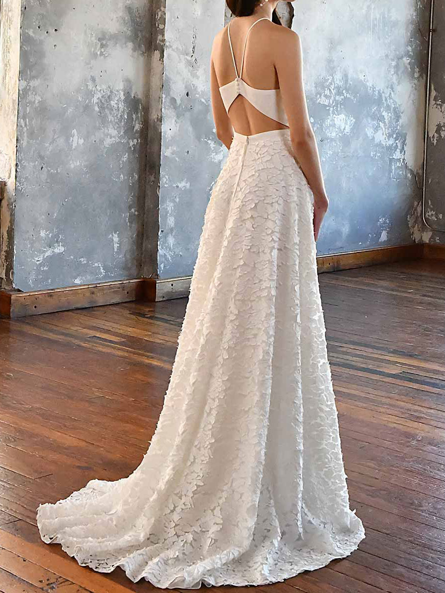 Wedding & Events Wedding Dresses | White Simple Wedding Dress A-Line V-Neck Sleeveless Backless With Train Long Lace Bridal Gown