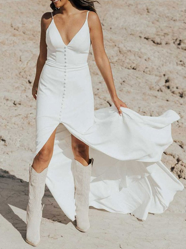 Wedding & Events Wedding Dresses | White Simple Causal Wedding Dress Polyester V-Neck Sleeveless Backless Beaded Split Front Pol