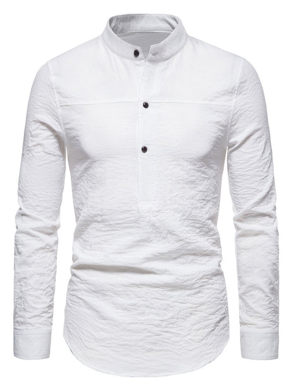 Men's Clothing Shirts | Men White Shirt Casual Jewel Neck Long Sleeves White Men Shirts - DY37484