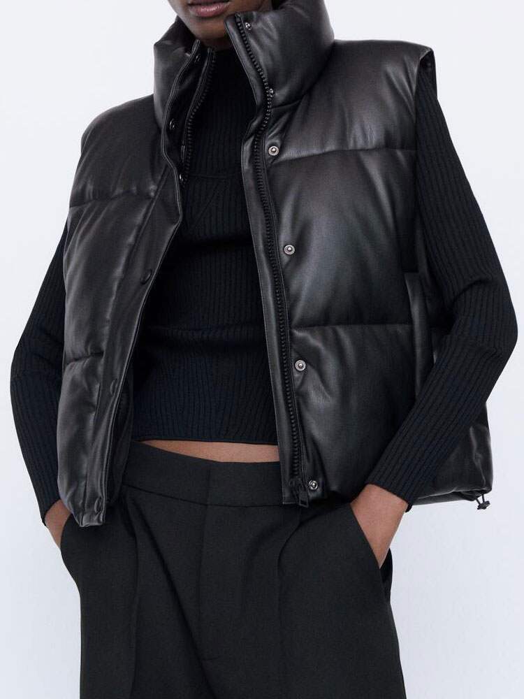 Women's Clothing Outerwear | Women Puffer Coats Vest Black Wind Proof Stand Collar Buttons Zipper Sleeveless Oversized Outerwear Cozy Active Outerwear - VN05029