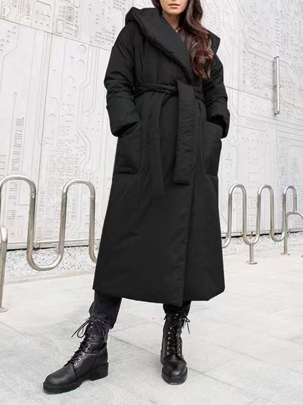 Moda Mujer Chaquetas | Abrigos acolchados para mujer, bolsillos largos irregulares negros, cuello vuelto, con cordones, mangas largas, abrigo de invierno grueso informal, prendas de vestir exteriores - DB71156