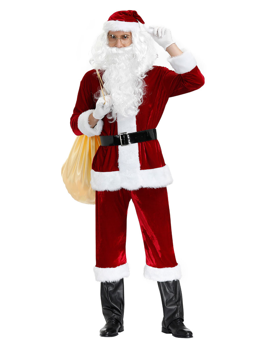 Conjunto completo de fantasia masculina de Natal em fibra de poliéster  Borgonha Luvas de faixa em poliéster Bloco de cores Trajes de Natal -  