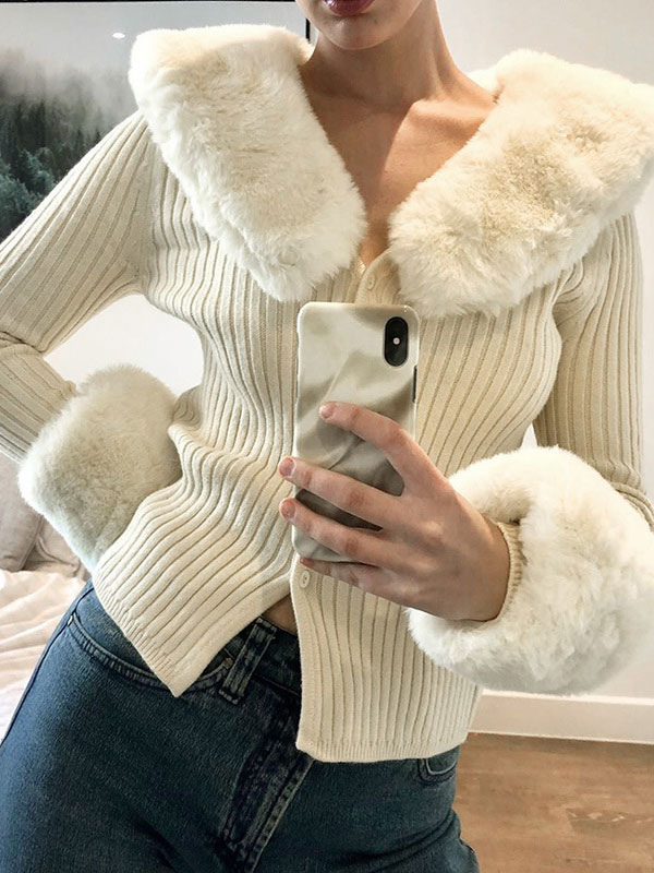 Women's Clothing Sweaters & Cardigans | Faux Fur Coats Turndown Collar Long Sleeves Casual Stretch V Neck Apricot Winter Coat - 