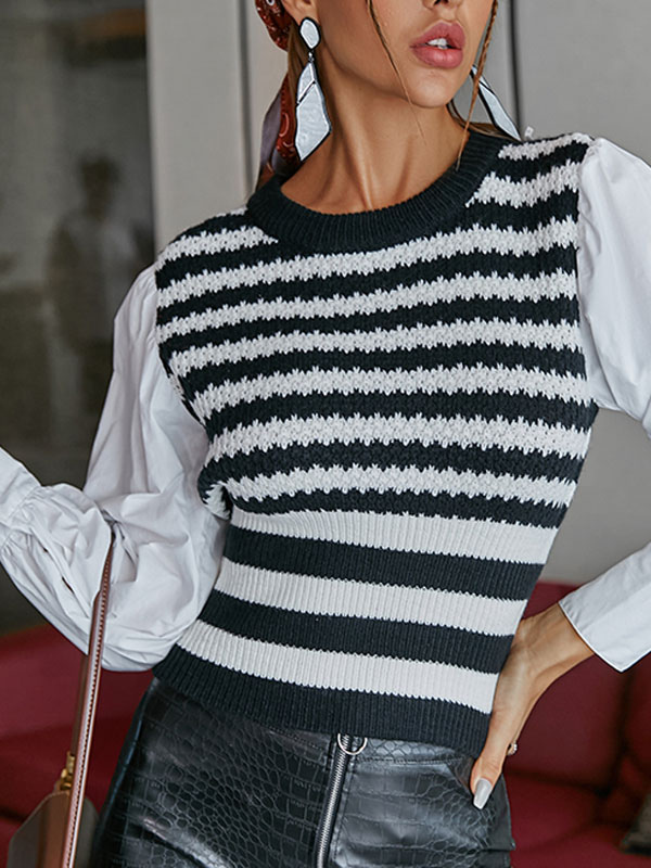 Women's Clothing Sweaters & Cardigans | White Pullovers For Women Piping Stripes Pattern Jewel Neck Long Sleeves Stretch Polyest