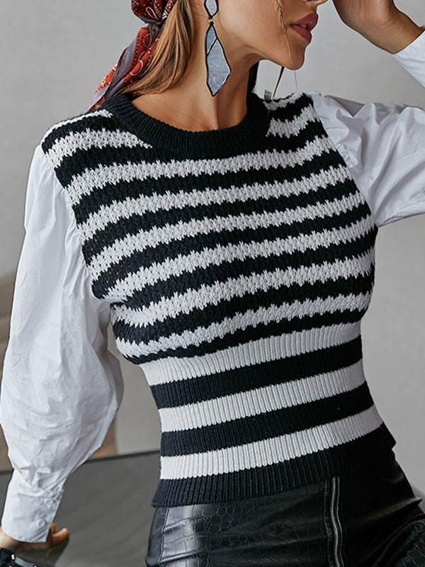 Women's Clothing Sweaters & Cardigans | White Pullovers For Women Piping Stripes Pattern Jewel Neck Long Sleeves Stretch Polyest