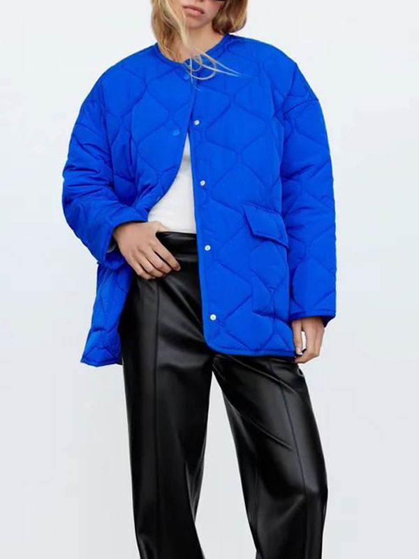 Women's Clothing Outerwear | Puffer Coats Blue Wind Proof Jewel Neck Buttons Front Button Long Sleeves Oversized Outerwear Cozy Active Outerwear - BB71981