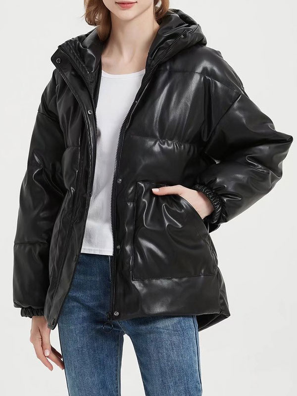 Women's Clothing Outerwear | Puffer Coats Black Oversized Short Zipper Hooded Long Sleeves Casual Normal Winter Coat Cozy Active Outerwear - ES90965