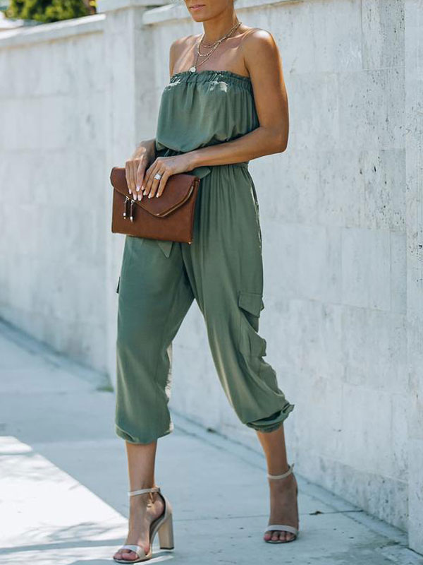 Women's Clothing Jumpsuits & Rompers | Hunter Green Strapless Sleeveless Polyester Tapered Leg Jumpsuits For Women - OD68049