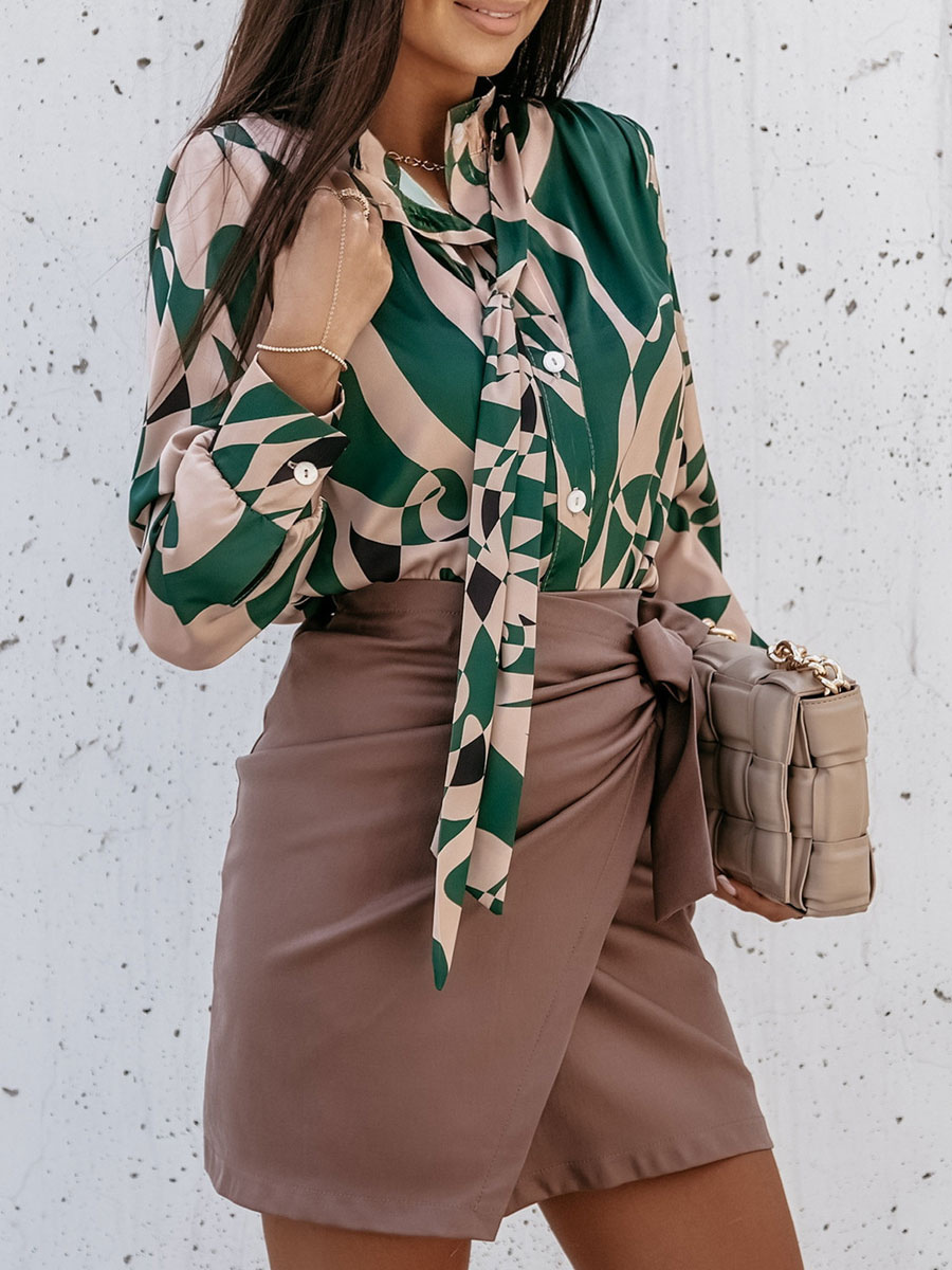 Women's Clothing Tops | Khaki Blouse For Women Polyester Stand Collar Casual Printed Long Sleeves Casual Shirt - UX48253
