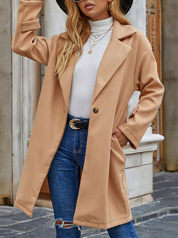 Women's Clothing Outerwear | Woman Coat Khaki V Neck Turndown Collar Long Sleeves Buttons Stretch Casual Woolen Coat Cozy Active Outerwear - KI68492