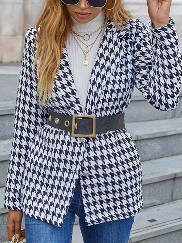 Women's Clothing Outerwear | White Blazer Coat For Woman V Neck Turndown Collar Long Sleeves Houndstooth Stretch Casual Wrap Shacket - RN55412