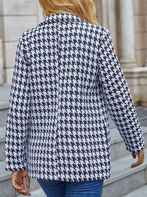 Women's Clothing Outerwear | White Blazer Coat For Woman V Neck Turndown Collar Long Sleeves Houndstooth Stretch Casual Wrap Shacket - RN55412