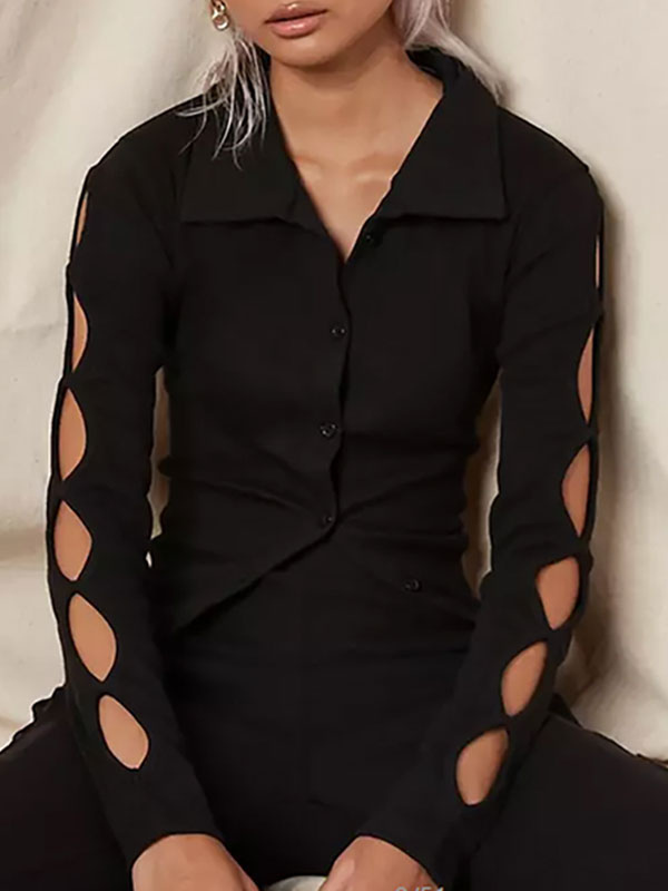 Women's Clothing Tops | Black Shirt For Women V Neck Turndown Collar Long Sleeves Polyester Summer Casual Shirt - OF50555