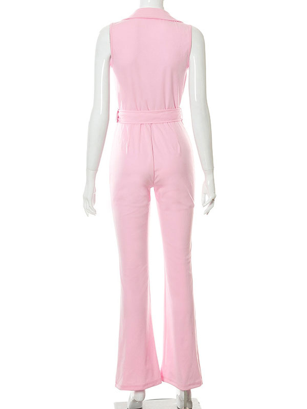Women's Clothing Jumpsuits & Rompers | Pink V-Neck Sleeveless Zipper Stretch Polyester Jumpsuits For Women - IY62426