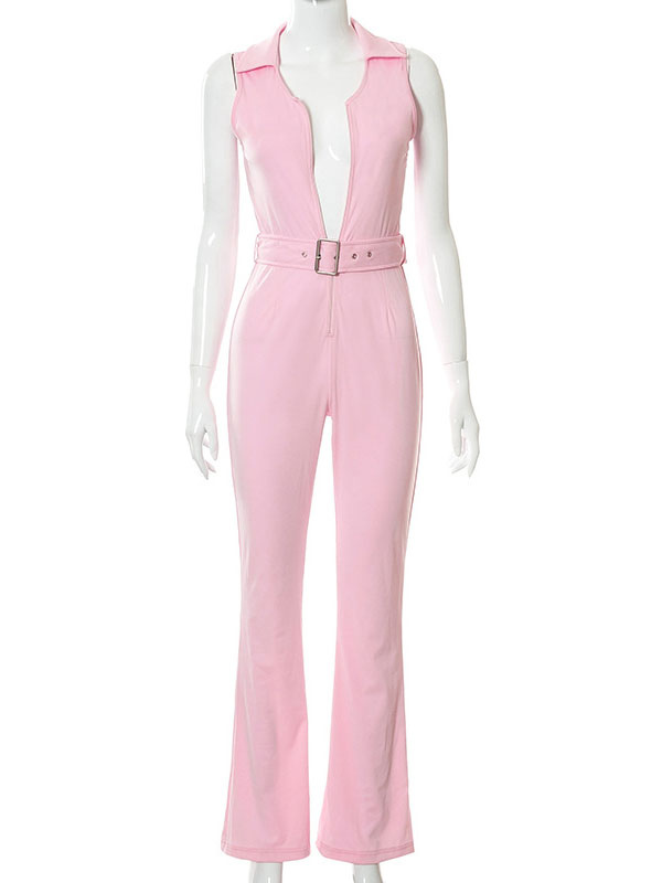 Women's Clothing Jumpsuits & Rompers | Pink V-Neck Sleeveless Zipper Stretch Polyester Jumpsuits For Women - IY62426