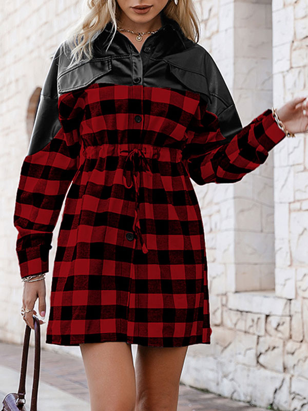 Women's Clothing Dresses | Shift Dresses For Women Long Sleeves Plaid Pattern Casual Buttons Turndown Collar Oversized Red Tube 