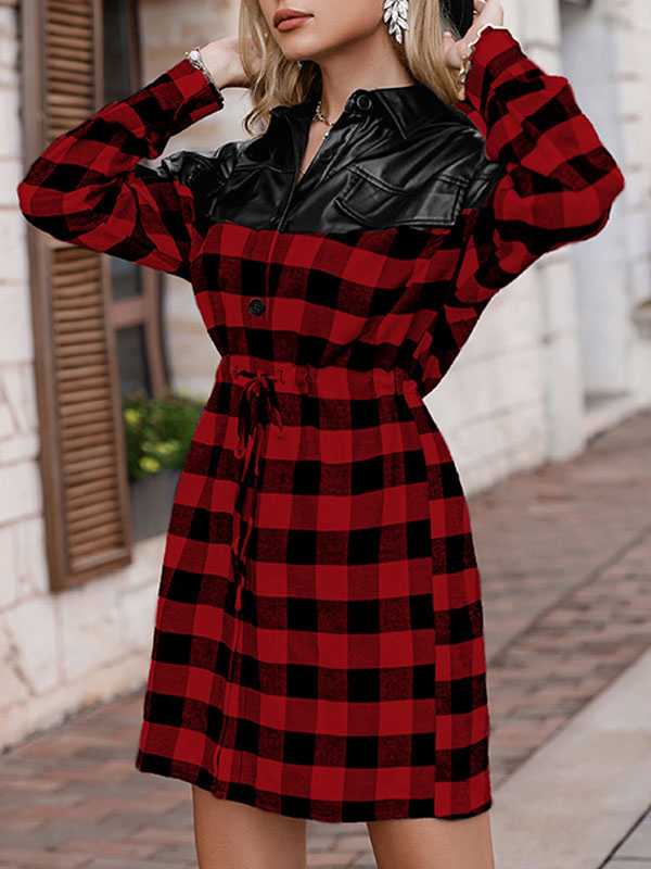 Women's Clothing Dresses | Shift Dresses For Women Long Sleeves Plaid Pattern Casual Buttons Turndown Collar Oversized Red Tube 