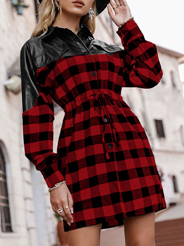 Women's Clothing Dresses | Shift Dresses For Women Long Sleeves Plaid Pattern Casual Buttons Turndown Collar Oversized Red Tube 